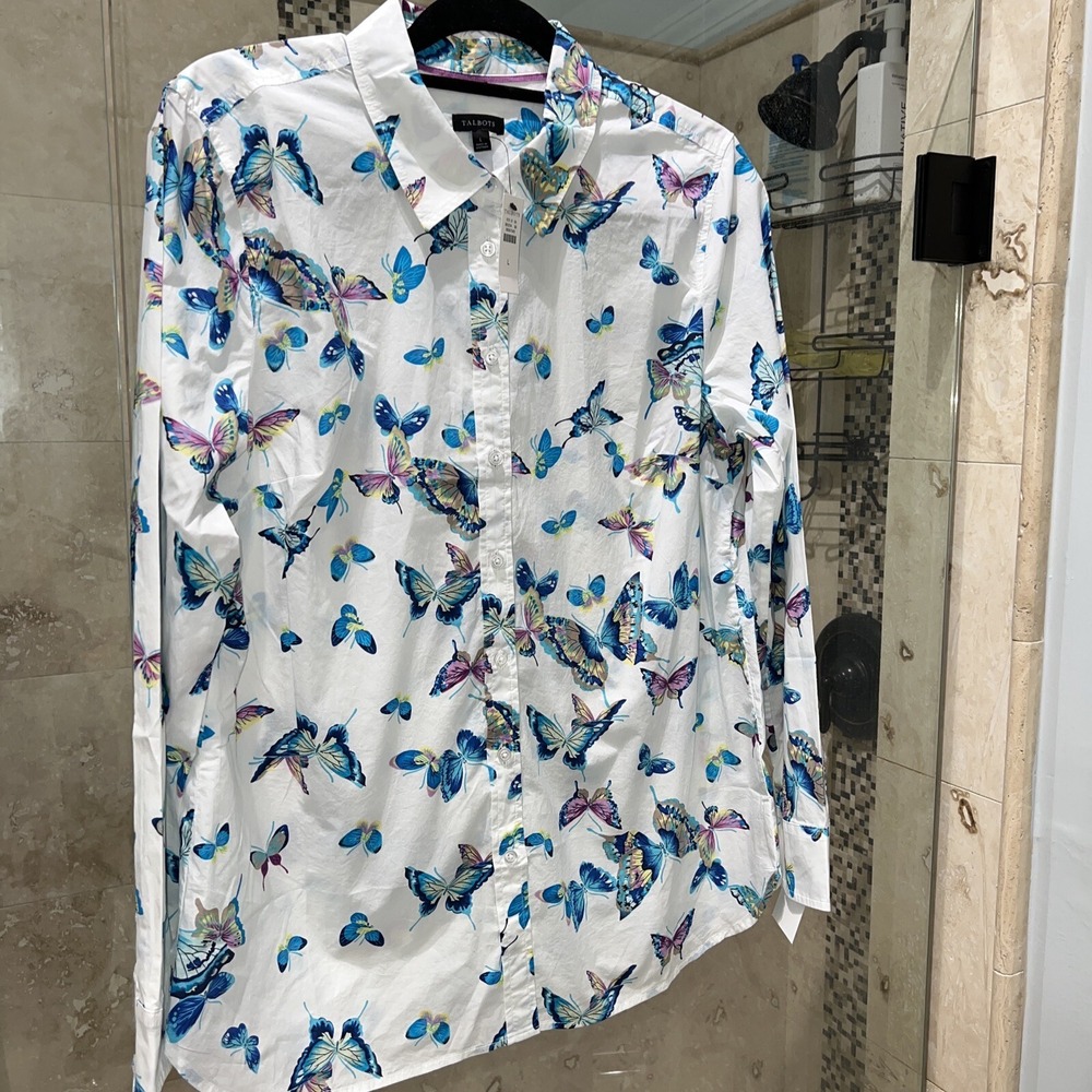 Talbots Butterfly Print Button Up Shirt White Multicolor Size L NWT